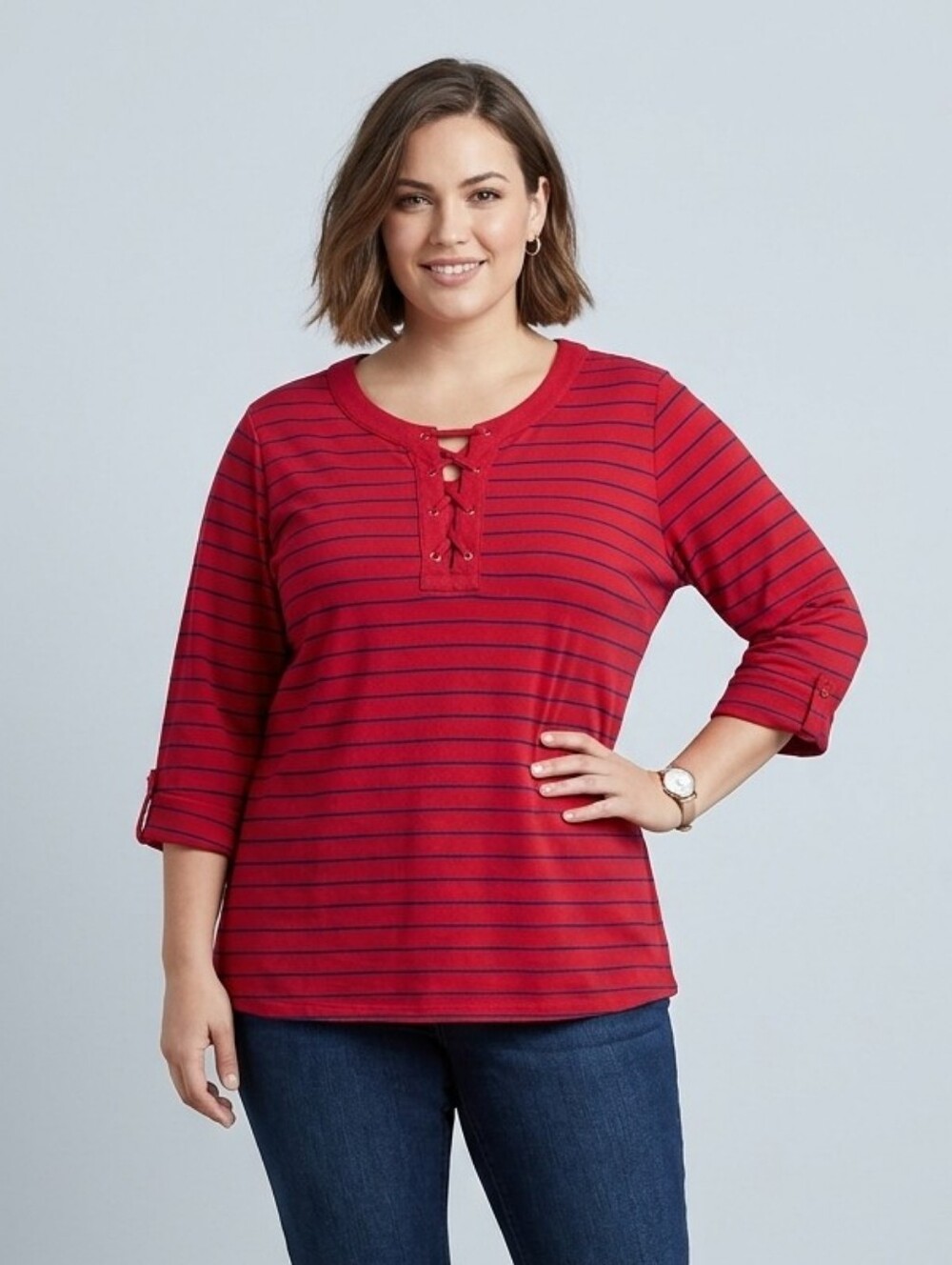 Croft & Barrow  Red & Navy Striped Lace-Up Top Plus Size 3X
